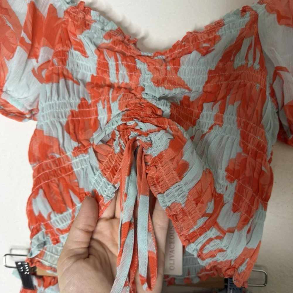 New Olivaceous Coral Blue Tiered Ruffle Skirt Smocked Top Set Womens Small